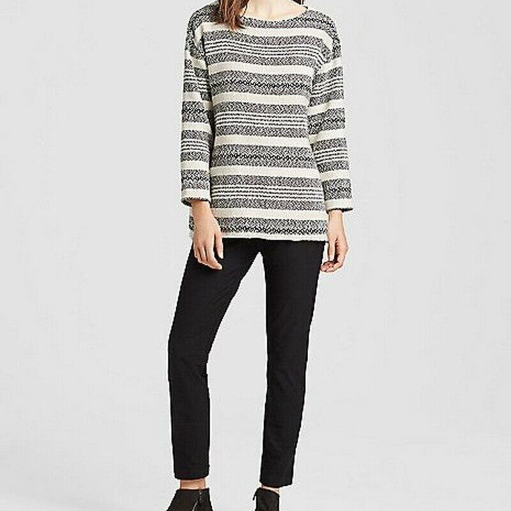 Eileen Fisher Black And Soft White Hand Woven Organic Cotton Sweater